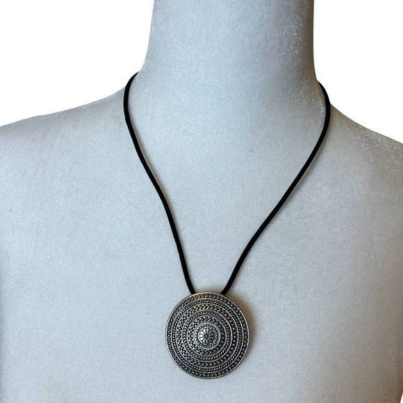 Gold Tone Large Medallion Black Cord Adjustable Necklace 18" - 20" inches - Picture 2 of 4